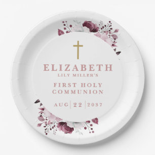 Pink Boho Botanical Floral First Holy Communion Paper Plate
