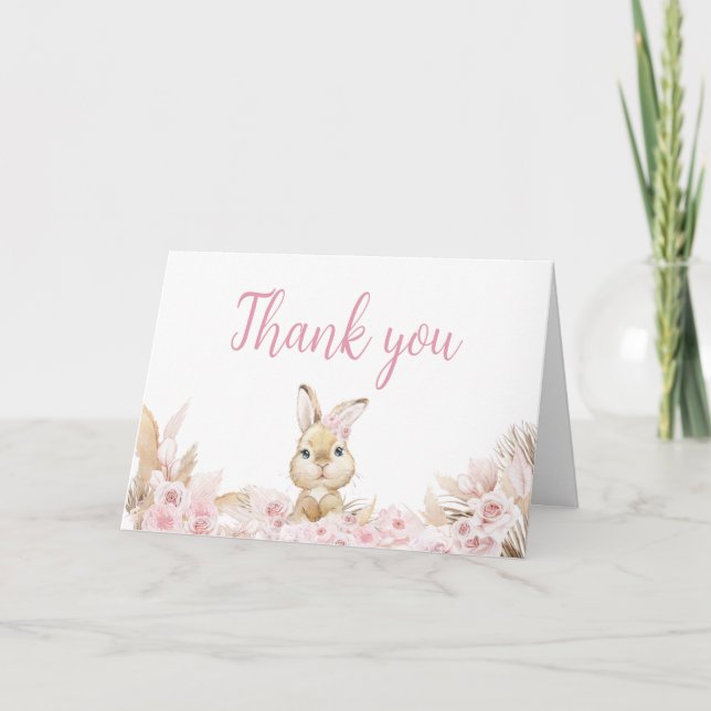 Pink Boho Bunny Baby Shower  Thank You Card (Front)