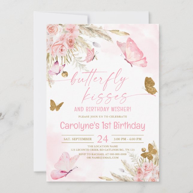 Pink Boho Butterfly Kisses and Birthday Wishes Invitation (Front)