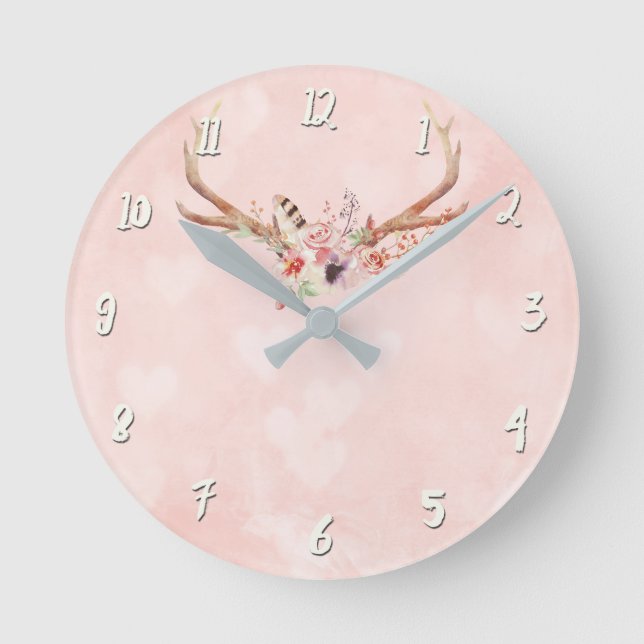 Pink Boho Chic Antlers & Feathers Rustic Glam Round Clock (Front)