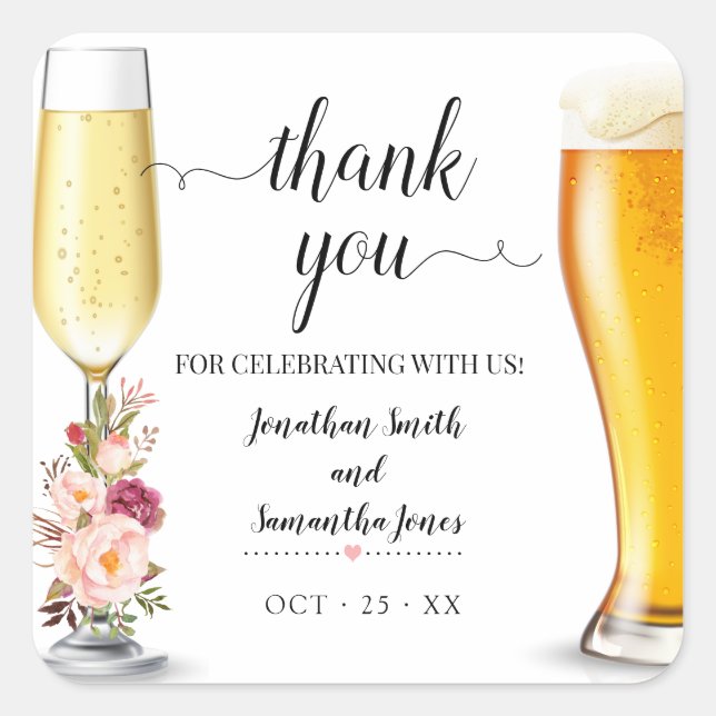 Pink boho chic bubbles and brews Thank you wedding Square Sticker (Front)