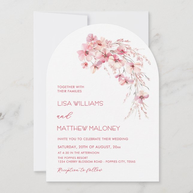 Pink Boho Chic Flowers White Wedding Invitation (Front)