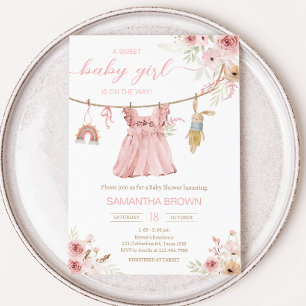 Pink Boho Clothesline Baby Shower Invitation