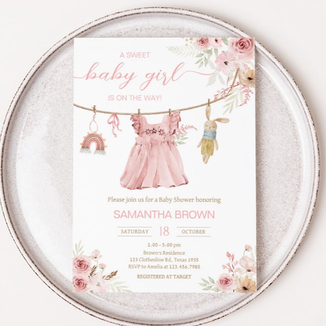 Pink Boho Clothesline Baby Shower Invitation (Sweet Baby Girl Boho Clothes Baby Shower Invitation)