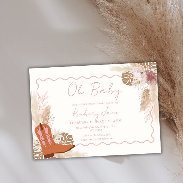 Pink Boho Cowgirl Boots Pampas Grass Baby Shower Invitation (Pink Boho Cowgirl Boots Pampas Grass Baby Shower Invitation)