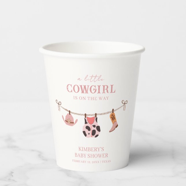 Pink Boho Cowgirl Clothesline Cowhide Baby Shower  Paper Cups (Front)