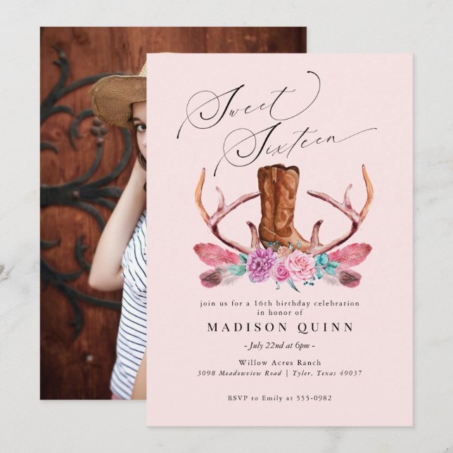 Pink Boho Cowgirl Sweet Sixteen Birthday Invitation (Front/Back)