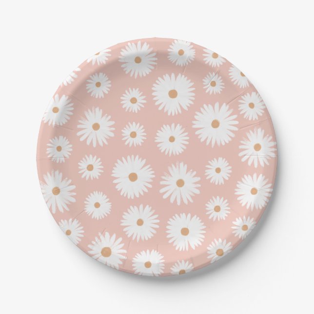 Pink Boho Daisy Birthday Party Paper Plate (Front)