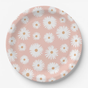 Pink Boho Daisy Floral Girl Baby Shower Paper Plate