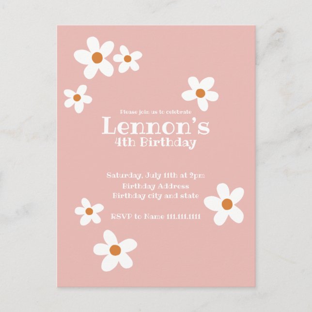 Pink Boho Daisy Girl Birthday Party  Invitation Postcard (Front)