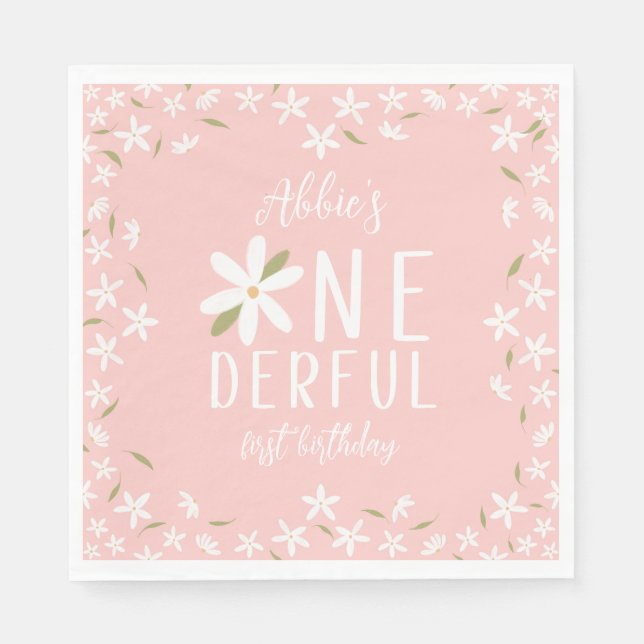 Pink Boho Daisy Onederful Birthday Napkins (Front)