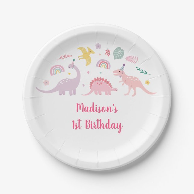 Pink Boho Dinosaur Birthday Paper Plate (Front)
