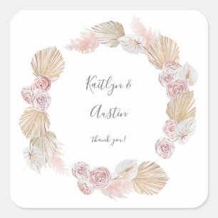 Pink Boho & Dried Palm Floral Thank You Square Sticker