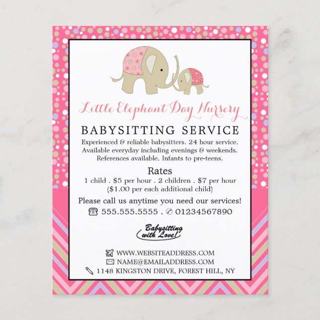 Pink Boho Elephant, Babysitter, Daycare, Nursery Flyer (Front)