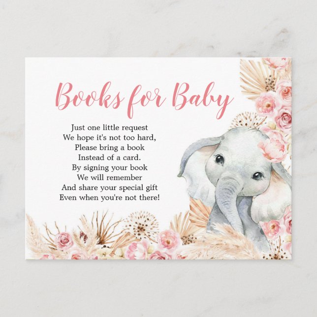 Pink Boho Elephant Girl Baby Shower Books for Baby Invitation Postcard (Front)