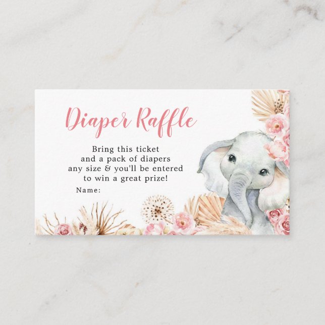 Pink Boho Elephant Girl Baby Shower Diaper Raffle Enclosure Card (Front)