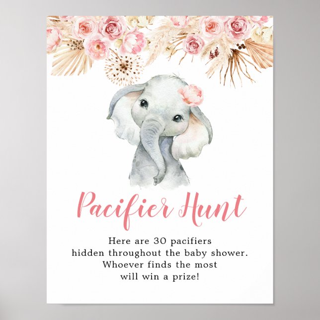 Pink Boho Elephant Girl Baby Shower Pacifier Hunt Poster (Front)