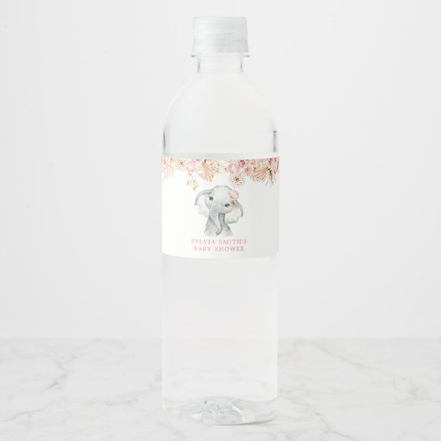 Pink Boho Elephant Girl Baby Shower Water Bottle Water Bottle Label (Front)