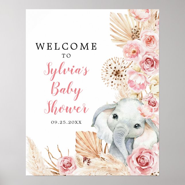 Pink Boho Elephant Girl Baby Shower Welcome Sign (Front)