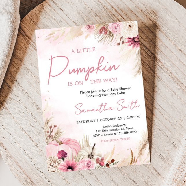 Pink Boho Fall Pumpkin Baby Shower Invitation (Pink Boho Autumn Fall Pumpkin Pampas Grass Baby Shower Invitation)