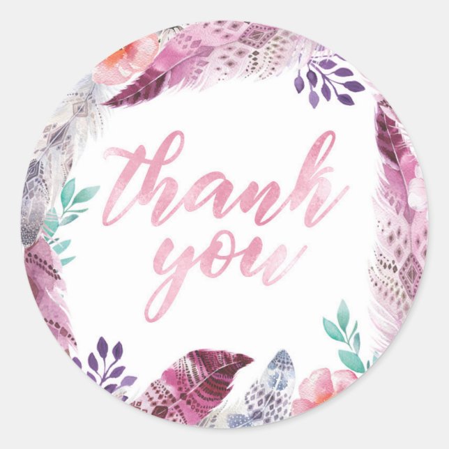 Pink Boho Feather Thank you stickers (Front)