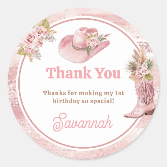 Pink Boho First Rodeo 1st Birthday Classic Round Sticker (Front)