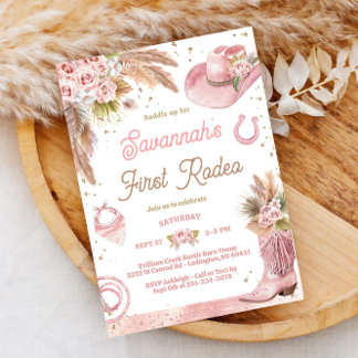 Pink Boho First Rodeo 1st Birthday Invitation