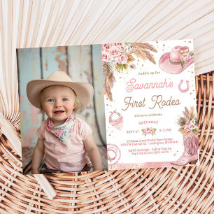 Pink Boho First Rodeo 1st Birthday Photo Invitation