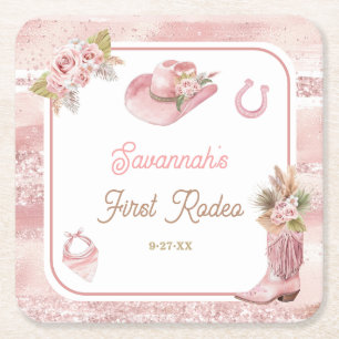 Pink Boho First Rodeo 1st Birthday Square Paper Coaster