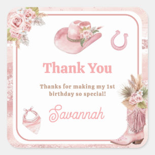 Pink Boho First Rodeo 1st Birthday Square Sticker