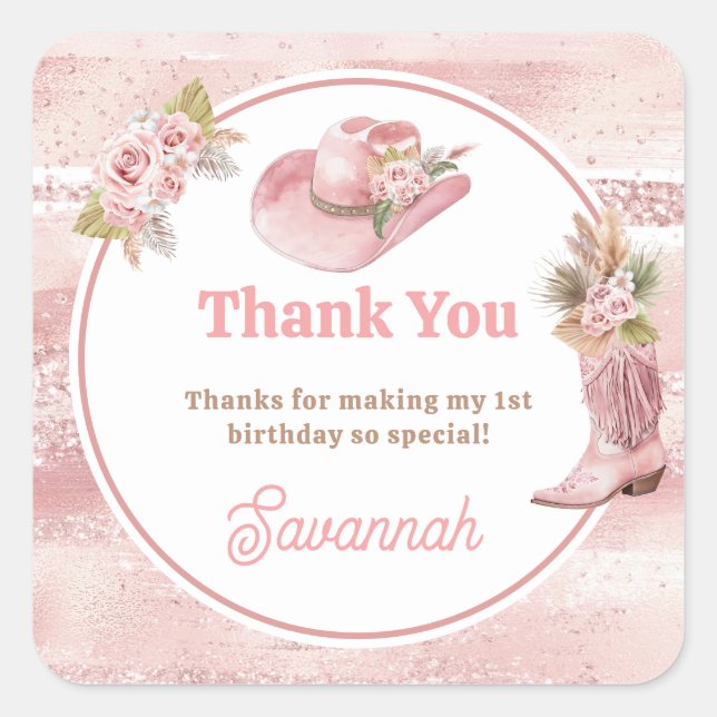 Pink Boho First Rodeo 1st Birthday Square Sticker (Front)