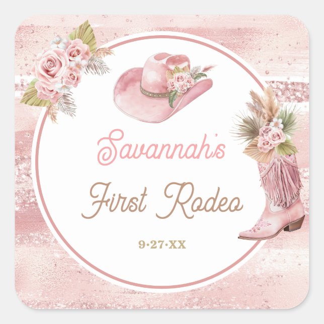 Pink Boho First Rodeo 1st Birthday Square Sticker (Front)