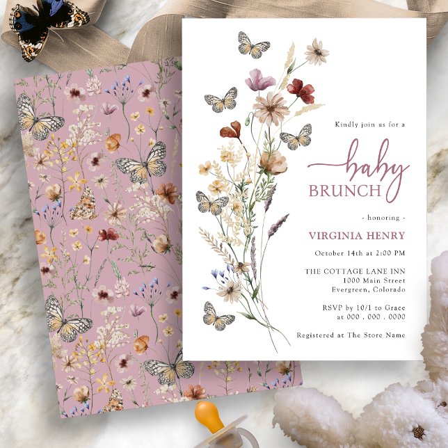 Pink Boho Floral Baby Brunch Invitation (Dusty Pink Boho Floral Baby Brunch Invitation with Butterflies by Painted Paperie
)