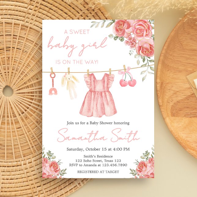 Pink Boho Floral Baby Shower Invitation (Sweet Little Girl Boho Floral Clothesline Baby Shower Invitation )