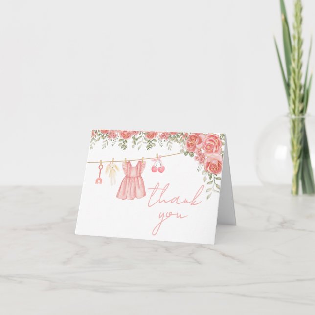 Pink Boho Floral Baby Shower Thank You Card (Front)