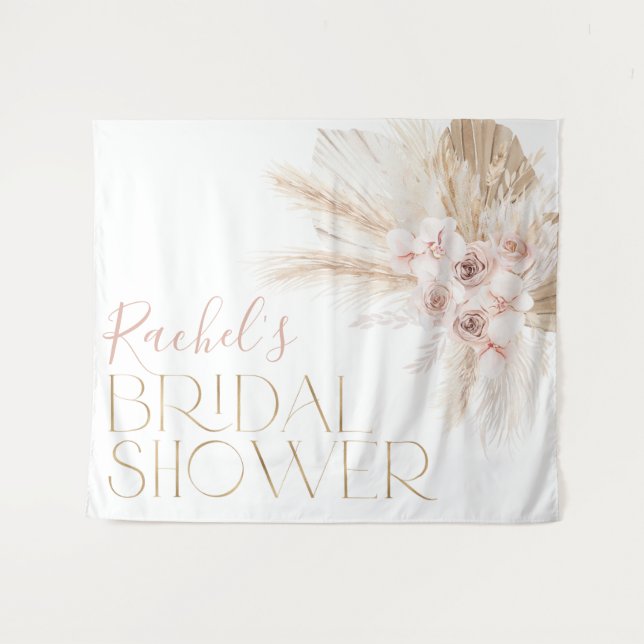Pink Boho Floral Bridal Shower Backdrop Tapestry (Front (Horizontal))