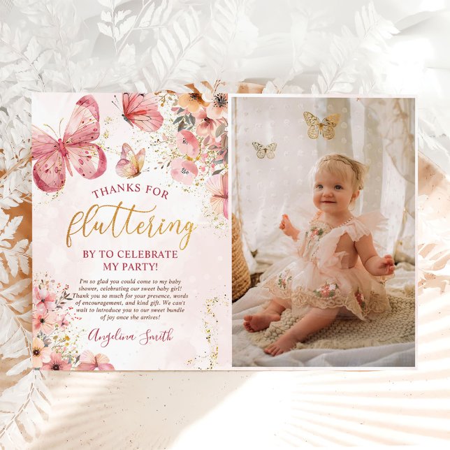 Pink Boho Floral Butterfly Baby Shower Photo Thank You Card (Creator Uploaded)