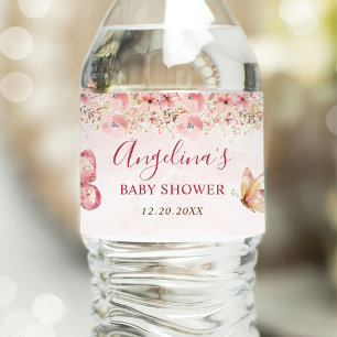 Pink Boho Floral Butterfly Baby Shower Water Bottle Label