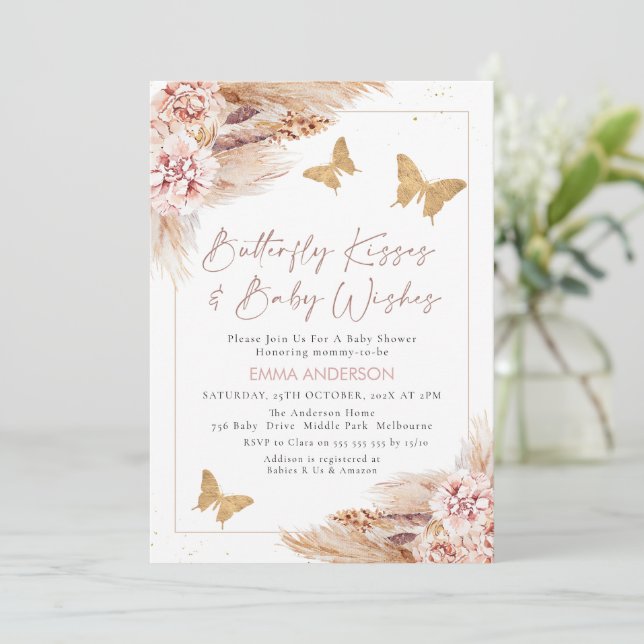 Pink Boho Floral Butterfly Kisses Baby Shower Invitation (Standing Front)