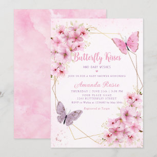Pink Boho Floral Butterfly Kisses Girl Baby Shower Invitation