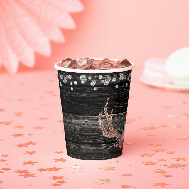 Pink Boho Floral Deer Antlers Rustic Glam Paper Cups (Insitu)