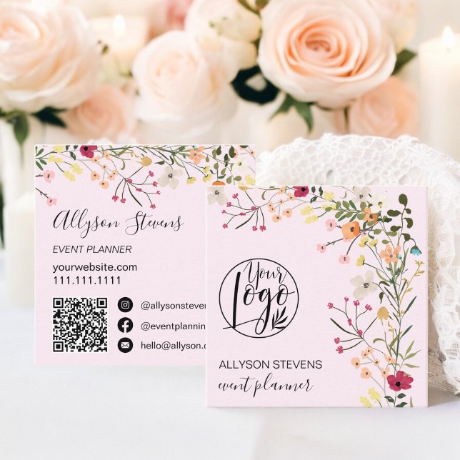 Pink Boho floral event planner logo qr code Square Business Card (Pink Boho floral event planner logo qr code Square Business Card light)