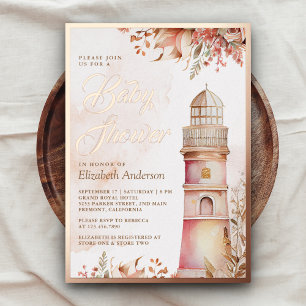 Pink Boho Floral Lighthouse Baby Shower Rose Gold