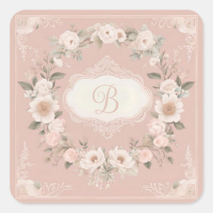 Pink Boho Floral Monogram Square Sticker