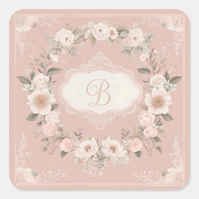 Pink Boho Floral Monogram Square Sticker (Front)