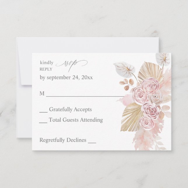 Pink Boho Floral no Meal RSVP Card (Front)