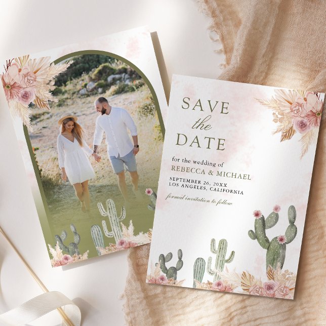 Pink Boho Floral Pampas Cactus Photo Wedding Save The Date (Creator Uploaded)