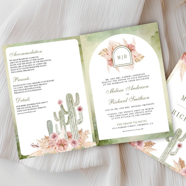 Pink Boho Floral Pampas Cactus QR Code Wedding Invitation (Creator Uploaded)