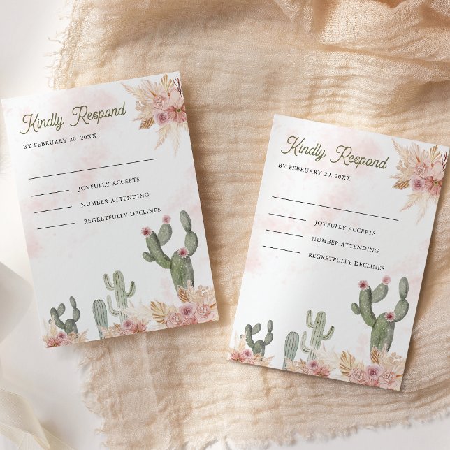 Pink Boho Floral Pampas Cactus Wedding RSVP Card (Creator Uploaded)
