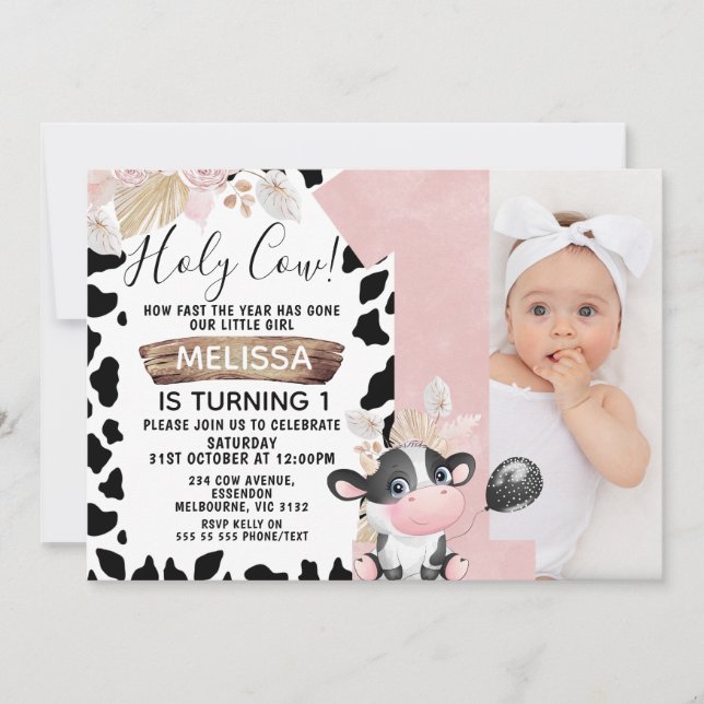 Pink Boho Floral Photo Holy Cow 1st Birthday Invitation (Front)